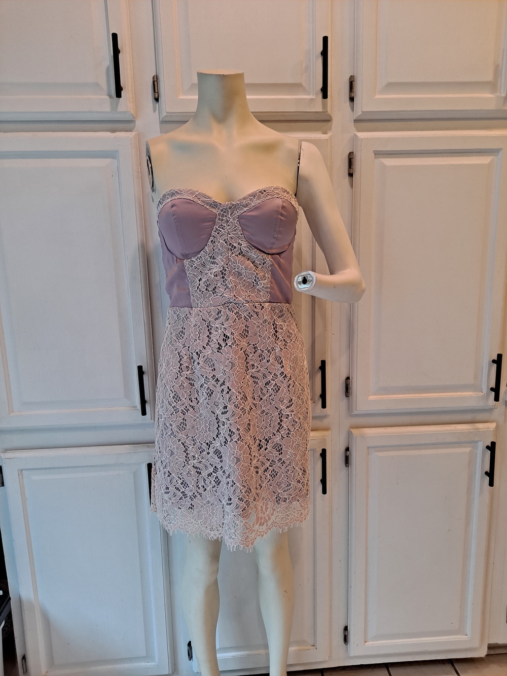 Fate Lilac Lavender Strapless Lace Satin Bustier Smocked Cocktail Mini Dress